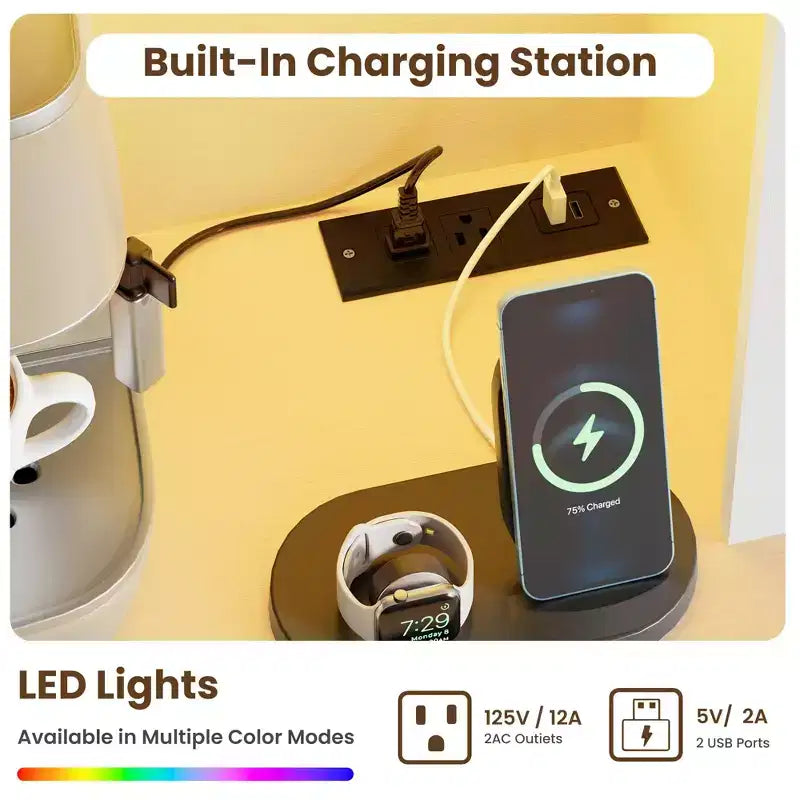 Grand garde-manger de 175 cm avec lumières LED et station de recharge, grand meuble de rangement de cuisine, buffet de cuisine, meuble bar à café avec porte-bouteilles