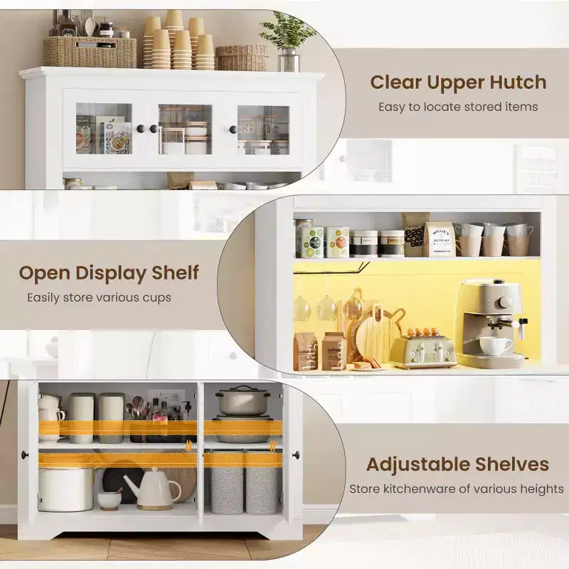 Grand garde-manger de 175 cm avec lumières LED et station de recharge, grand meuble de rangement de cuisine, buffet de cuisine, meuble bar à café avec porte-bouteilles