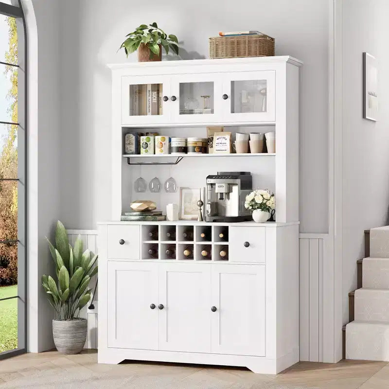 Grand garde-manger de 175 cm avec lumières LED et station de recharge, grand meuble de rangement de cuisine, buffet de cuisine, meuble bar à café avec porte-bouteilles