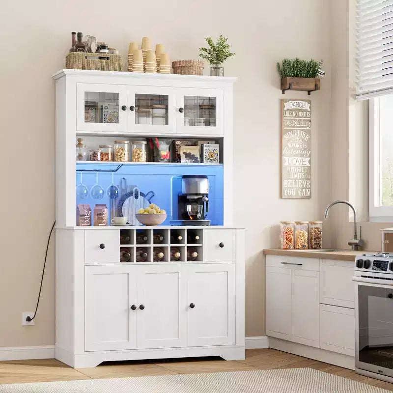 Grand garde-manger de 175 cm avec lumières LED et station de recharge, grand meuble de rangement de cuisine, buffet de cuisine, meuble bar à café avec porte-bouteilles