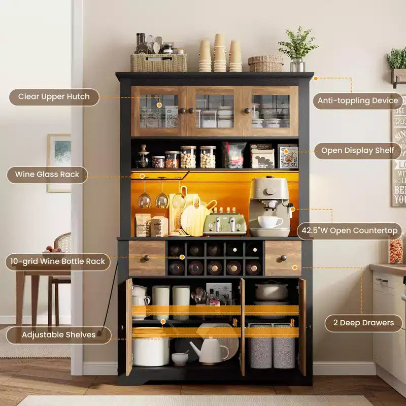 Grand garde-manger de 175 cm avec lumières LED et station de recharge, grand meuble de rangement de cuisine, buffet de cuisine, meuble bar à café avec porte-bouteilles