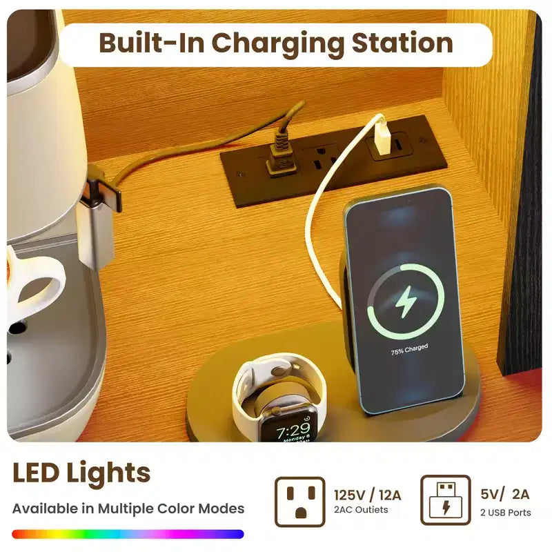 Grand garde-manger de 175 cm avec lumières LED et station de recharge, grand meuble de rangement de cuisine, buffet de cuisine, meuble bar à café avec porte-bouteilles