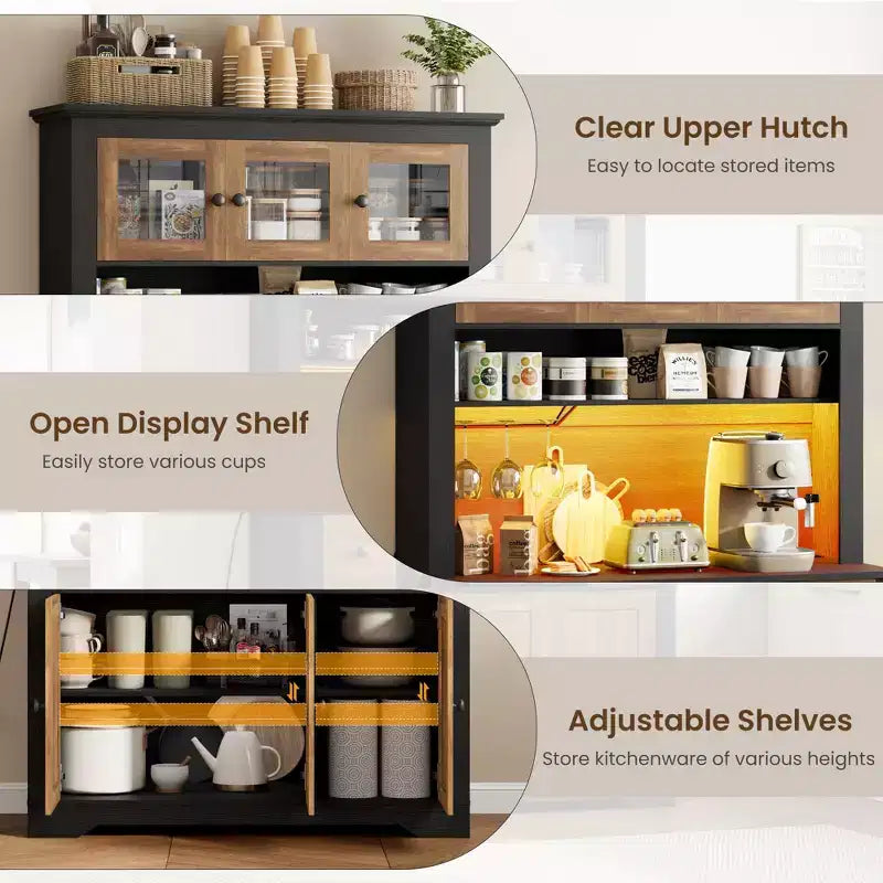 Grand garde-manger de 175 cm avec lumières LED et station de recharge, grand meuble de rangement de cuisine, buffet de cuisine, meuble bar à café avec porte-bouteilles