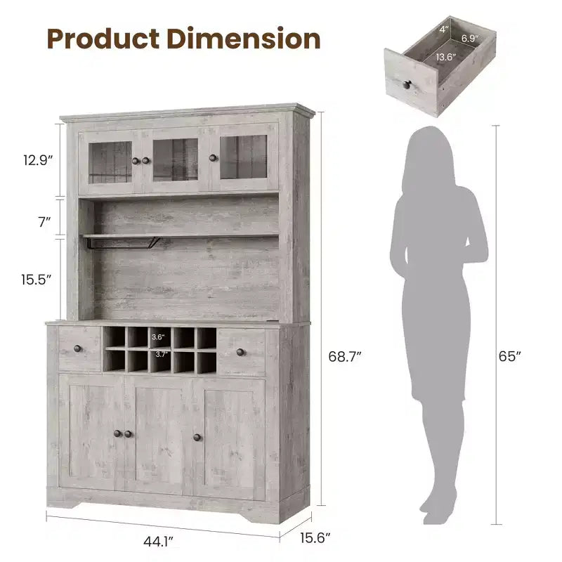 Grand garde-manger de 175 cm avec lumières LED et station de recharge, grand meuble de rangement de cuisine, buffet de cuisine, meuble bar à café avec porte-bouteilles