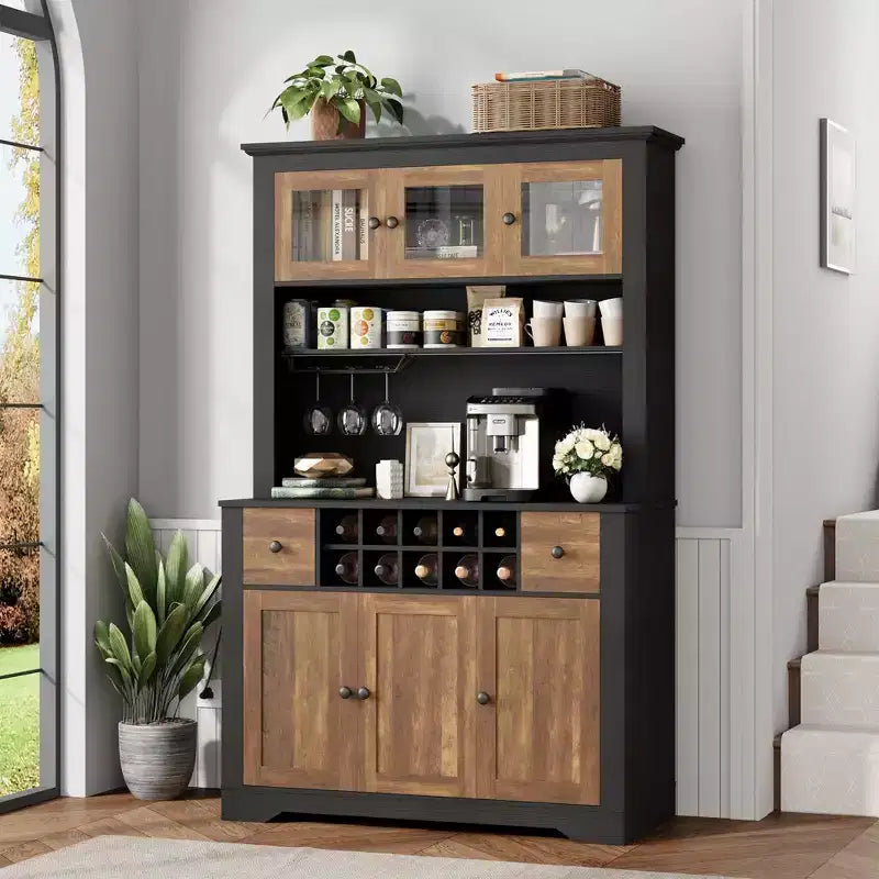 Grand garde-manger de 175 cm avec lumières LED et station de recharge, grand meuble de rangement de cuisine, buffet de cuisine, meuble bar à café avec porte-bouteilles
