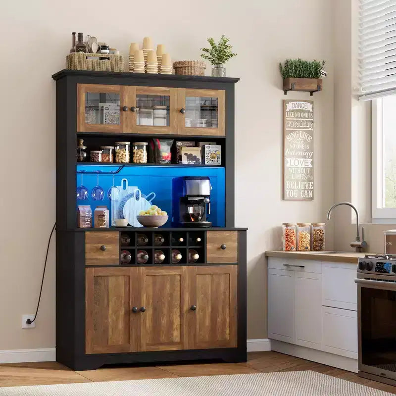 Grand garde-manger de 175 cm avec lumières LED et station de recharge, grand meuble de rangement de cuisine, buffet de cuisine, meuble bar à café avec porte-bouteilles