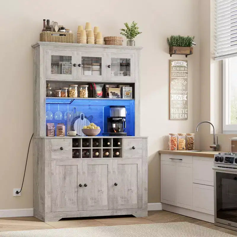 Grand garde-manger de 175 cm avec lumières LED et station de recharge, grand meuble de rangement de cuisine, buffet de cuisine, meuble bar à café avec porte-bouteilles