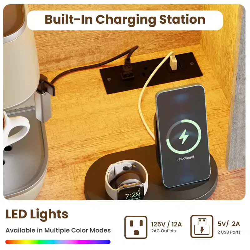 Grand garde-manger de 175 cm avec lumières LED et station de recharge, grand meuble de rangement de cuisine, buffet de cuisine, meuble bar à café avec porte-bouteilles