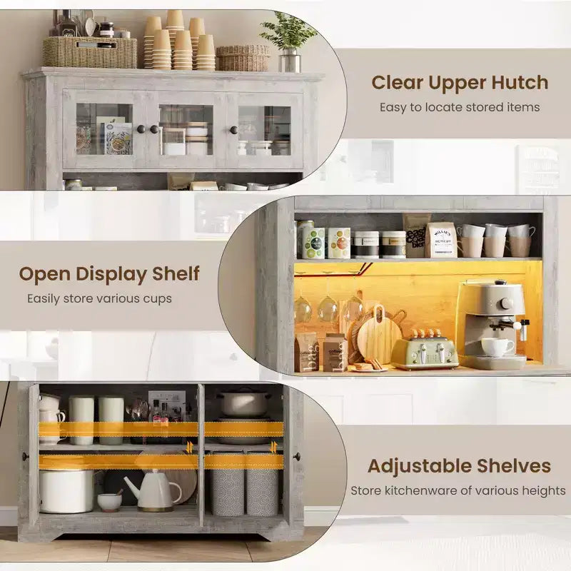 Grand garde-manger de 175 cm avec lumières LED et station de recharge, grand meuble de rangement de cuisine, buffet de cuisine, meuble bar à café avec porte-bouteilles