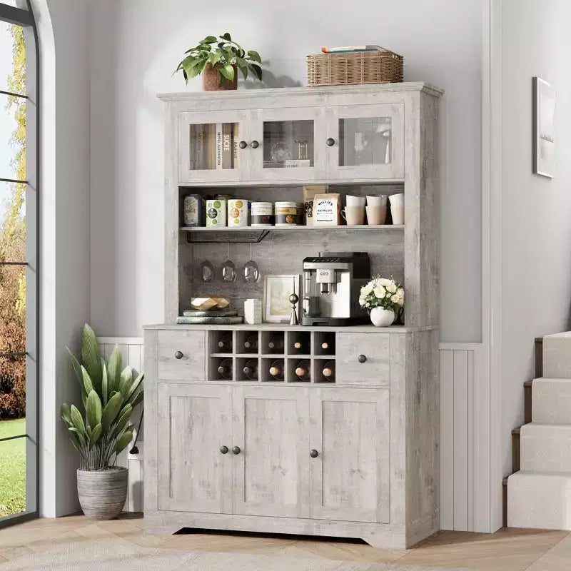 Grand garde-manger de 175 cm avec lumières LED et station de recharge, grand meuble de rangement de cuisine, buffet de cuisine, meuble bar à café avec porte-bouteilles