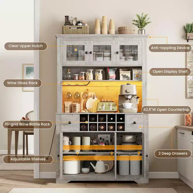 Grand garde-manger de 175 cm avec lumières LED et station de recharge, grand meuble de rangement de cuisine, buffet de cuisine, meuble bar à café avec porte-bouteilles