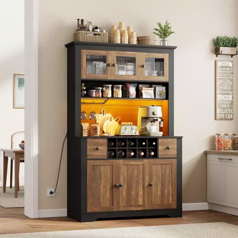 Grand garde-manger de 175 cm avec lumières LED et station de recharge, grand meuble de rangement de cuisine, buffet de cuisine, meuble bar à café avec porte-bouteilles