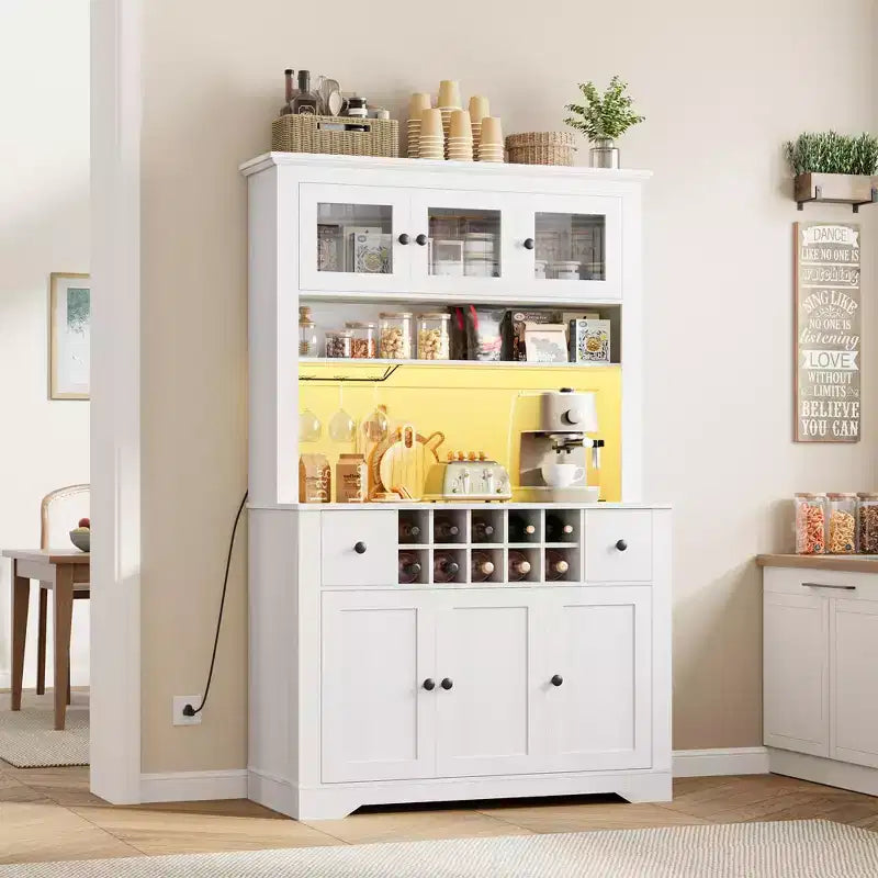 Grand garde-manger de 175 cm avec lumières LED et station de recharge, grand meuble de rangement de cuisine, buffet de cuisine, meuble bar à café avec porte-bouteilles