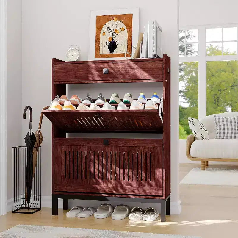 Meuble à chaussures moderne avec 2 tiroirs basculants et grand tiroir, organisateur de chaussures en bois avec étagère réglable, rangement à chaussures caché pour entrée, salon