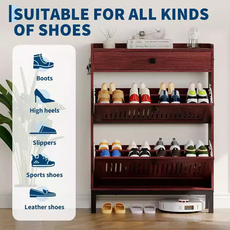Meuble à chaussures moderne avec 2 tiroirs basculants et grand tiroir, organisateur de chaussures en bois avec étagère réglable, rangement à chaussures caché pour entrée, salon