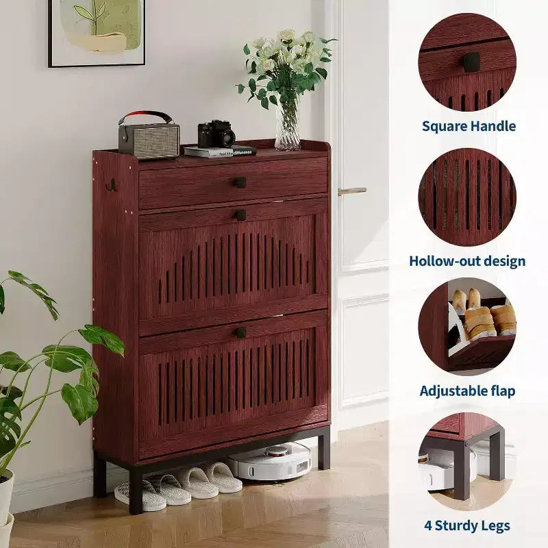 Meuble à chaussures moderne avec 2 tiroirs basculants et grand tiroir, organisateur de chaussures en bois avec étagère réglable, rangement à chaussures caché pour entrée, salon
