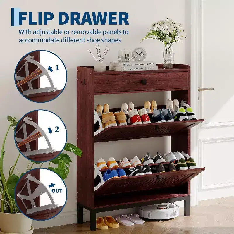 Meuble à chaussures moderne avec 2 tiroirs basculants et grand tiroir, organisateur de chaussures en bois avec étagère réglable, rangement à chaussures caché pour entrée, salon