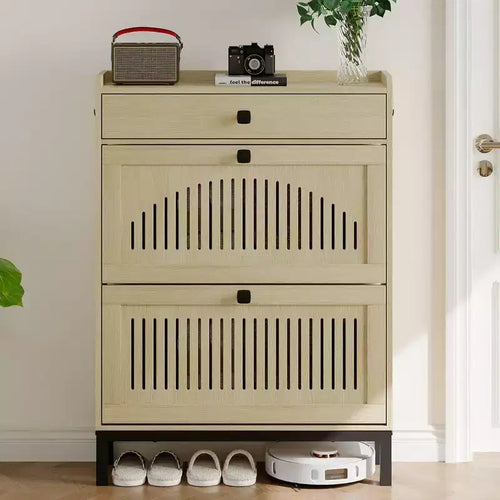 2 Flip Drawers & Large Drawer Modern Shoe Cabinet, Wooden Shoe Organizer with Adjustable Shelf, Hidden Shoe Storage for Entryway, Living