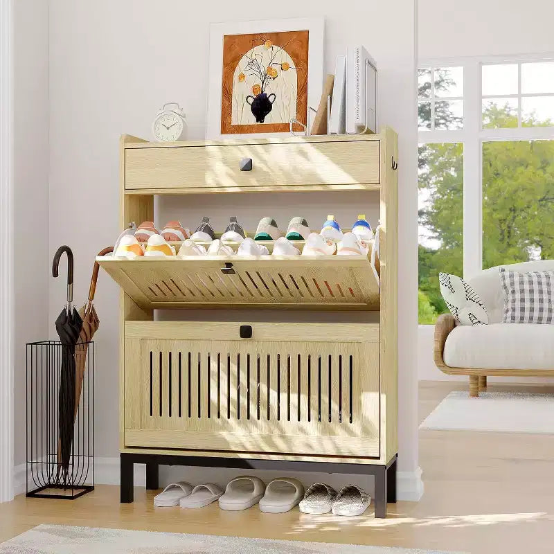 Meuble à chaussures moderne avec 2 tiroirs basculants et grand tiroir, organisateur de chaussures en bois avec étagère réglable, rangement à chaussures caché pour entrée, salon