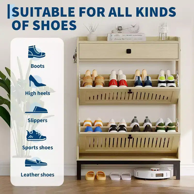 Meuble à chaussures moderne avec 2 tiroirs basculants et grand tiroir, organisateur de chaussures en bois avec étagère réglable, rangement à chaussures caché pour entrée, salon