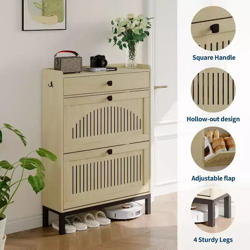 Meuble à chaussures moderne avec 2 tiroirs basculants et grand tiroir, organisateur de chaussures en bois avec étagère réglable, rangement à chaussures caché pour entrée, salon