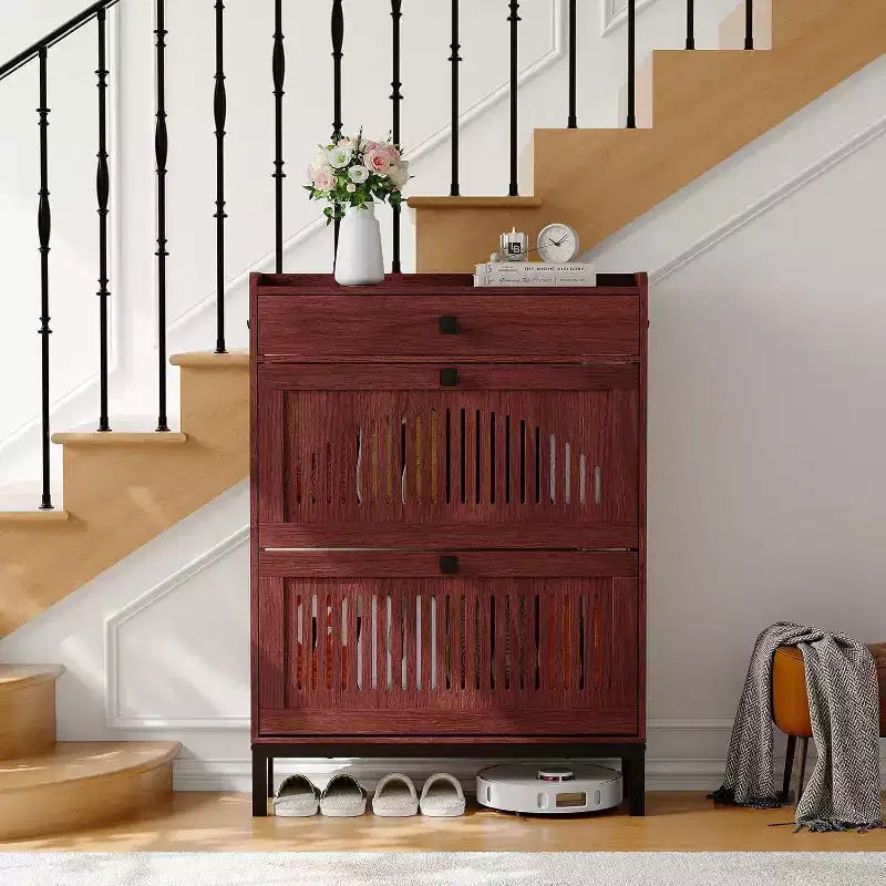 Meuble à chaussures moderne avec 2 tiroirs basculants et grand tiroir, organisateur de chaussures en bois avec étagère réglable, rangement à chaussures caché pour entrée, salon