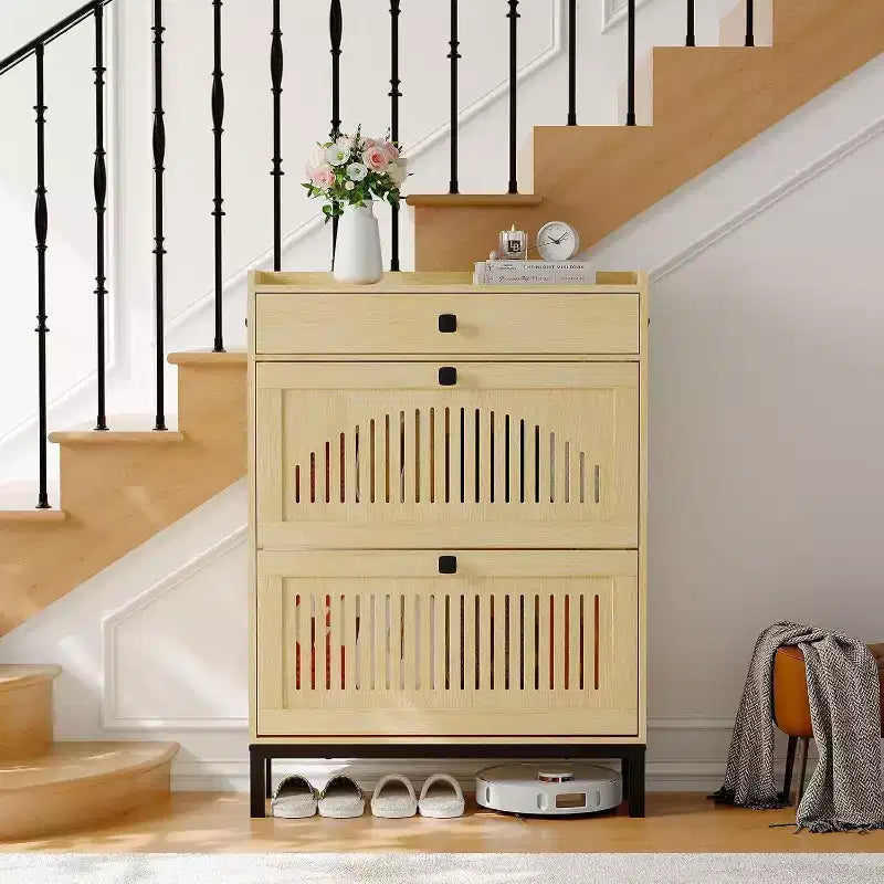 2 Flip Drawers & Large Drawer Modern Shoe Cabinet, Wooden Shoe Organizer with Adjustable Shelf, Hidden Shoe Storage for Entryway, Living Room