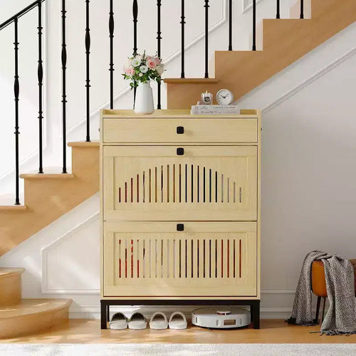 2 Flip Drawers & Large Drawer Modern Shoe Cabinet, Wooden Shoe Organizer with Adjustable Shelf, Hidden Shoe Storage for Entryway, Living Room