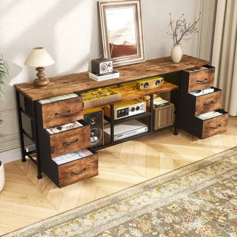 Qwatto 63 Inch Brown TV Stand Dresser with Charging Station LED Lights 6 Fabric Drawers Entertainment Center for TVs up to 70 Inch Bedroom Storage