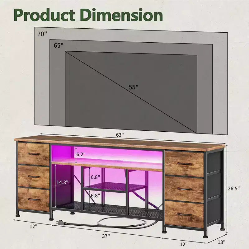 Meuble TV commode marron de 63 pouces avec station de recharge, lumières LED, 6 tiroirs en tissu, meuble de divertissement pour TV jusqu'à 70 pouces, rangement de chambre
