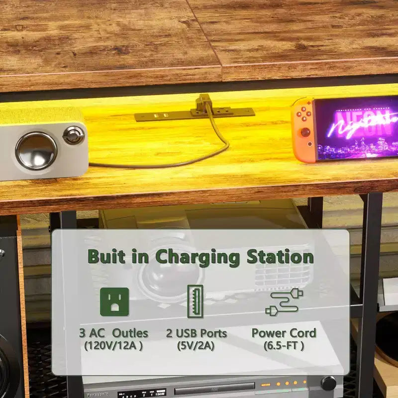 Meuble TV commode marron de 63 pouces avec station de recharge, lumières LED, 6 tiroirs en tissu, meuble de divertissement pour TV jusqu'à 70 pouces, rangement de chambre