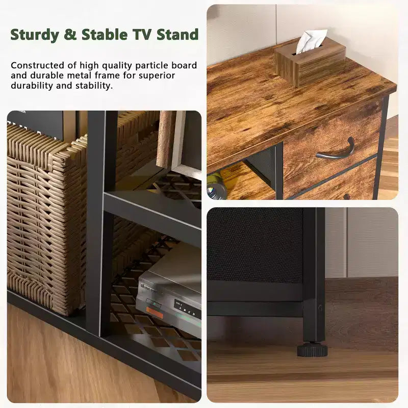 Meuble TV commode marron de 63 pouces avec station de recharge, lumières LED, 6 tiroirs en tissu, meuble de divertissement pour TV jusqu'à 70 pouces, rangement de chambre