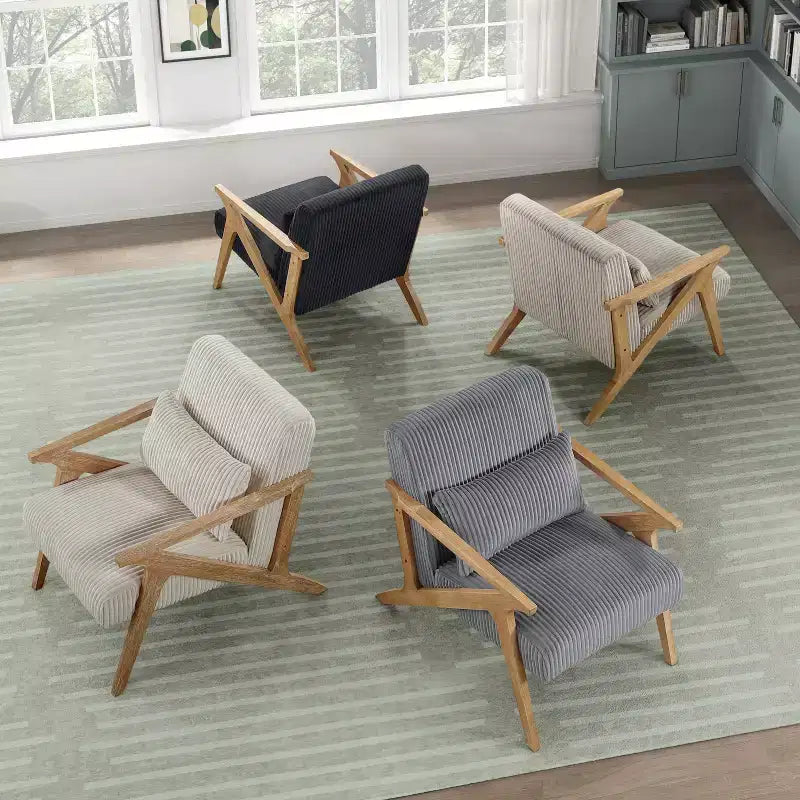 Fauteuil d'appoint moderne avec cadre en hévéa, revêtement en velours côtelé, coussin et accoudoirs