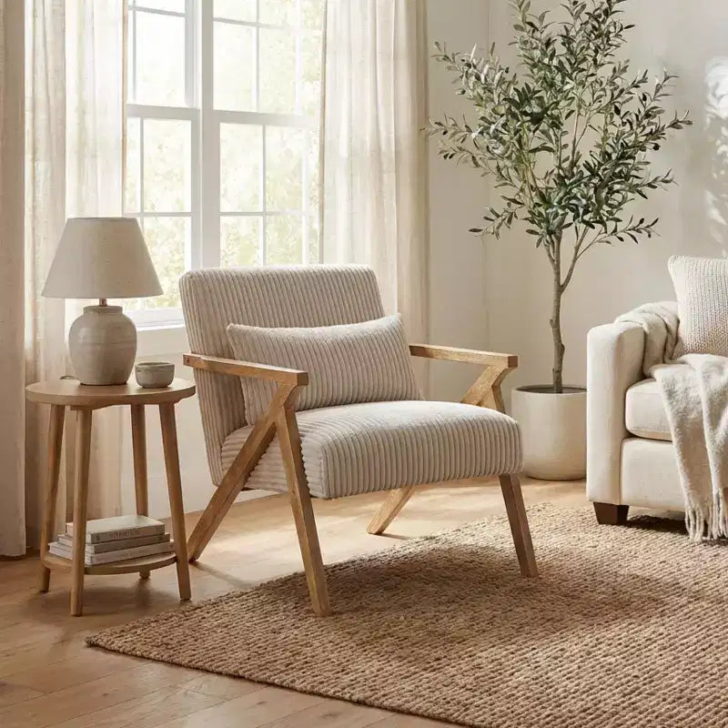 GDFStudio Mason Modern Rubberwood Frame Corduroy Upholstered Accent Chair with Pillow
