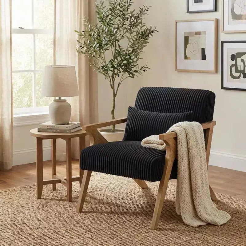 Fauteuil d'appoint moderne avec cadre en hévéa, revêtement en velours côtelé, coussin et accoudoirs