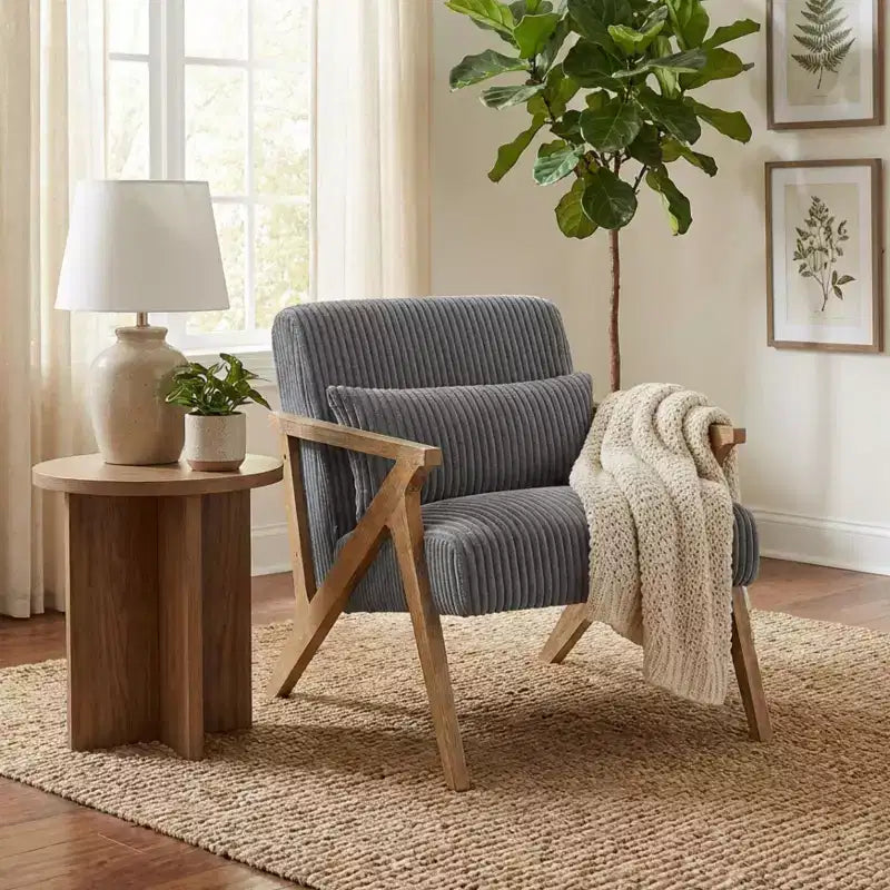 Fauteuil d'appoint moderne avec cadre en hévéa, revêtement en velours côtelé, coussin et accoudoirs