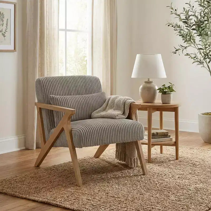 Fauteuil d'appoint moderne avec cadre en hévéa, revêtement en velours côtelé, coussin et accoudoirs