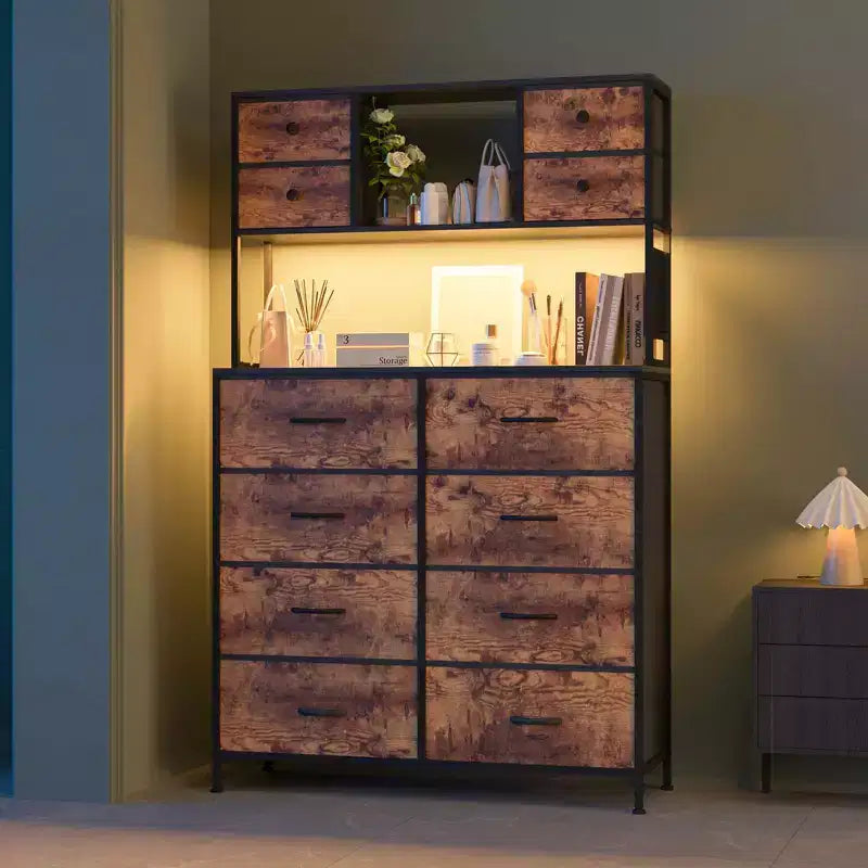 Commode de chambre, commode en tissu à 12 tiroirs, étagères ouvertes, plateau en bois et cadre en métal pour chambre, couloir ou salon