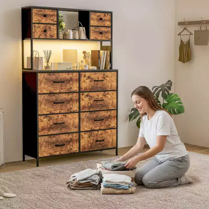 Commode de chambre, commode en tissu à 12 tiroirs, étagères ouvertes, plateau en bois et cadre en métal pour chambre, couloir ou salon