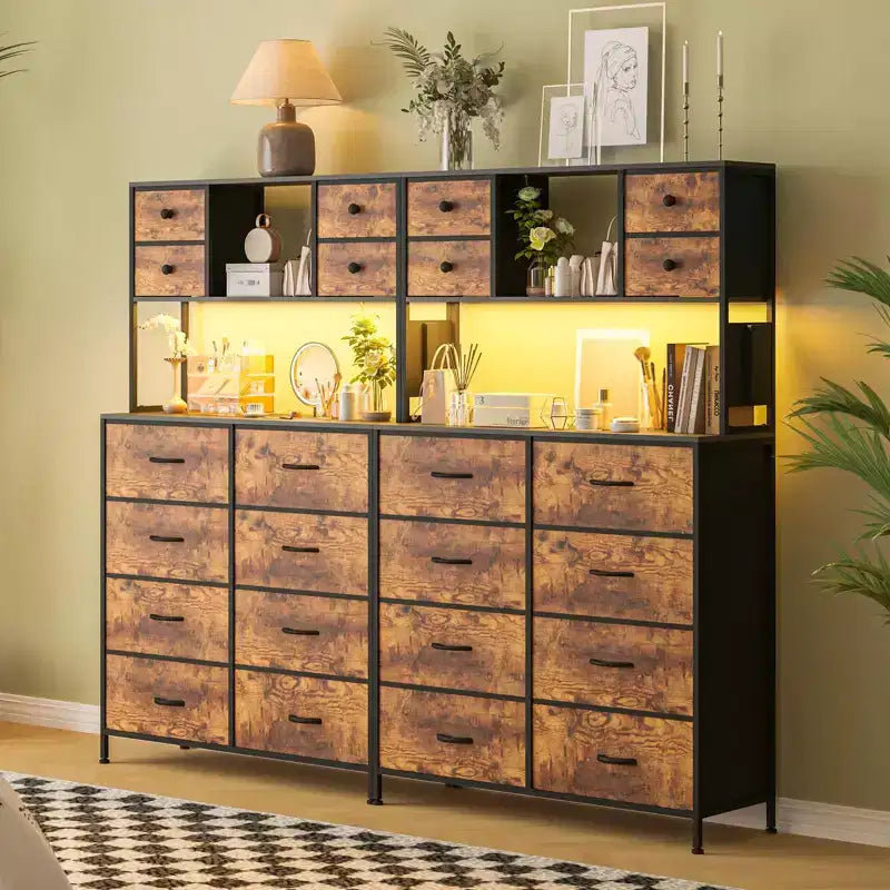 Commode de chambre, commode en tissu à 12 tiroirs, étagères ouvertes, plateau en bois et cadre en métal pour chambre, couloir ou salon