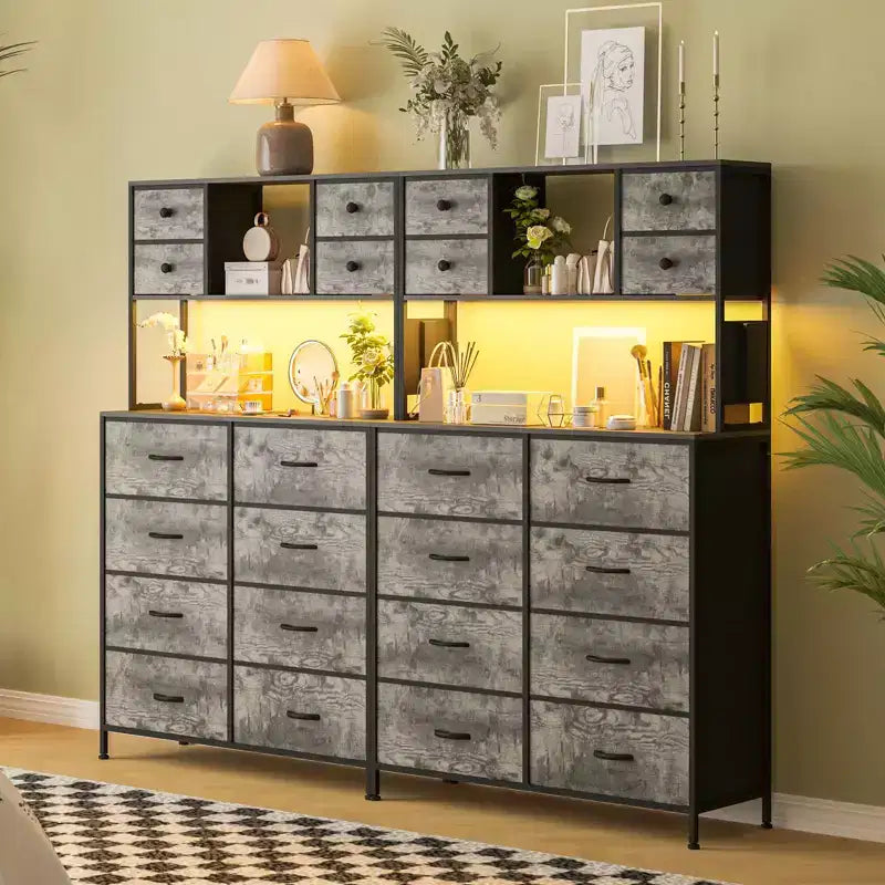 Commode de chambre, commode en tissu à 12 tiroirs, étagères ouvertes, plateau en bois et cadre en métal pour chambre, couloir ou salon