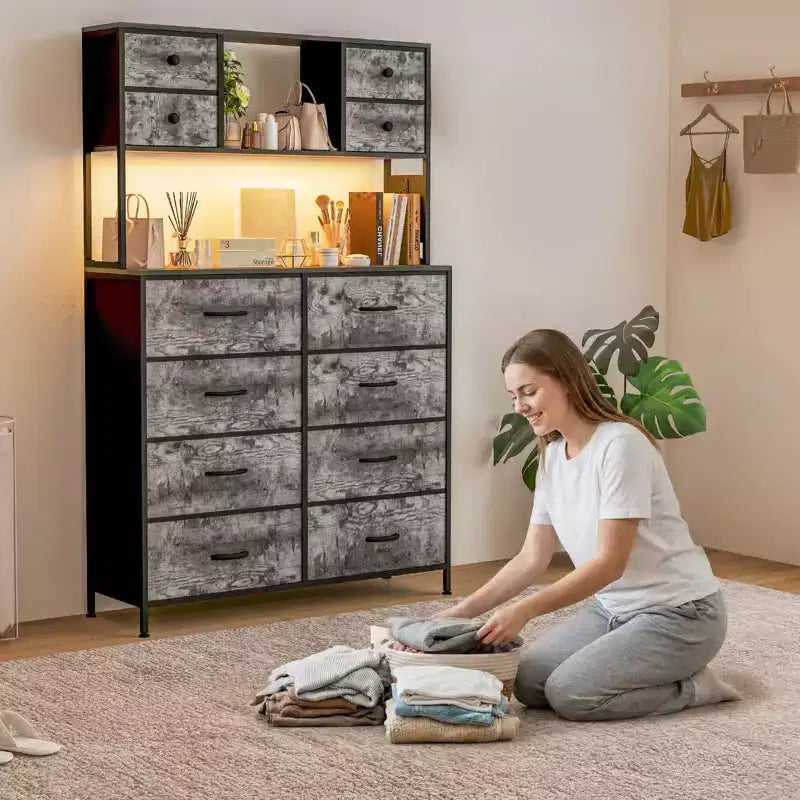 Commode de chambre, commode en tissu à 12 tiroirs, étagères ouvertes, plateau en bois et cadre en métal pour chambre, couloir ou salon