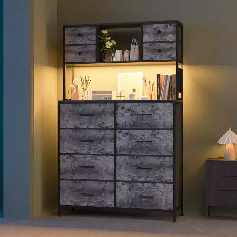 Commode de chambre, commode en tissu à 12 tiroirs, étagères ouvertes, plateau en bois et cadre en métal pour chambre, couloir ou salon