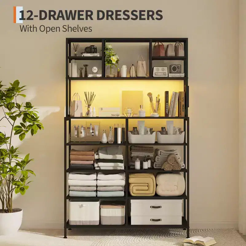 Commode de chambre, commode en tissu à 12 tiroirs, étagères ouvertes, plateau en bois et cadre en métal pour chambre, couloir ou salon