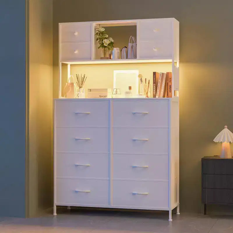 Commode de chambre, commode en tissu à 12 tiroirs, étagères ouvertes, plateau en bois et cadre en métal pour chambre, couloir ou salon