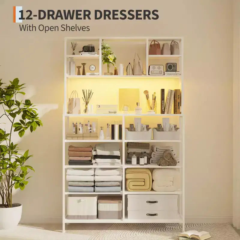 Commode de chambre, commode en tissu à 12 tiroirs, étagères ouvertes, plateau en bois et cadre en métal pour chambre, couloir ou salon