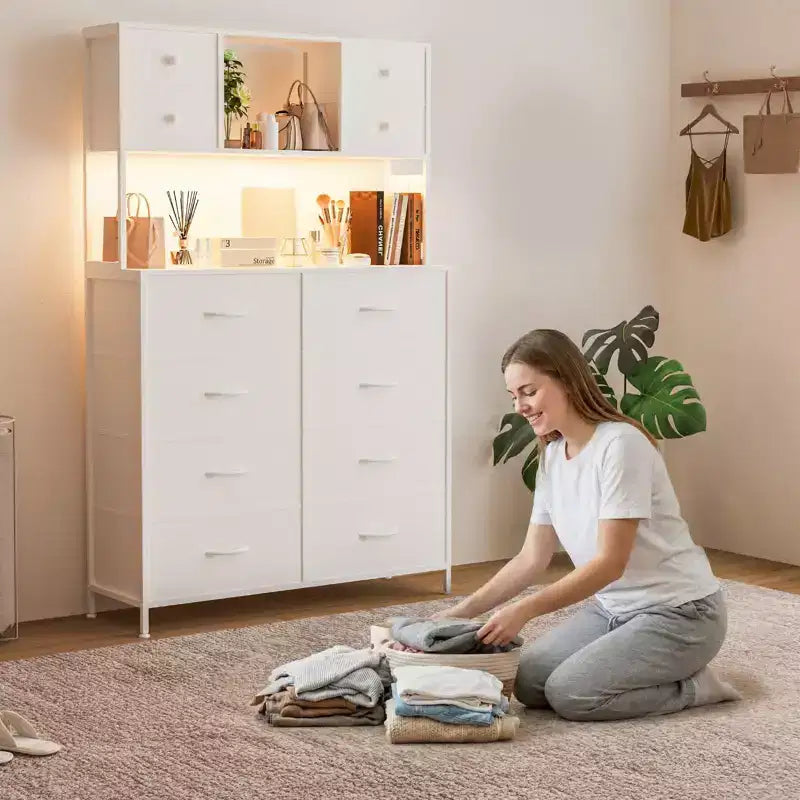 Commode de chambre, commode en tissu à 12 tiroirs, étagères ouvertes, plateau en bois et cadre en métal pour chambre, couloir ou salon