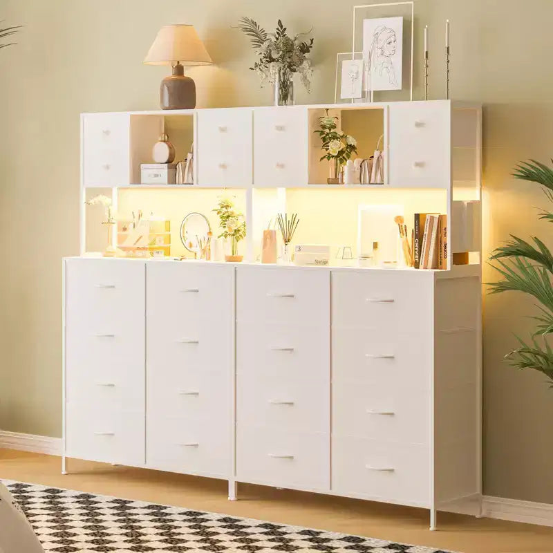 Commode de chambre, commode en tissu à 12 tiroirs, étagères ouvertes, plateau en bois et cadre en métal pour chambre, couloir ou salon
