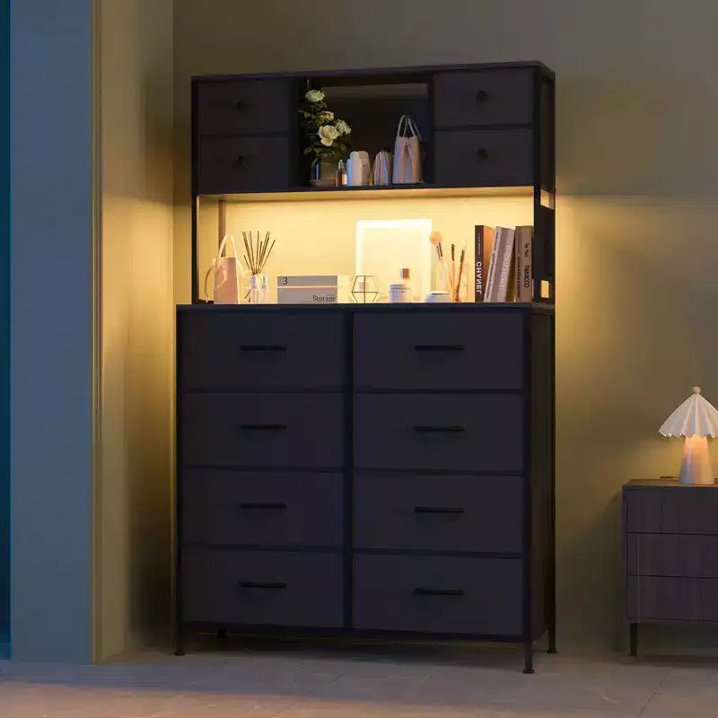 Commode de chambre, commode en tissu à 12 tiroirs, étagères ouvertes, plateau en bois et cadre en métal pour chambre, couloir ou salon