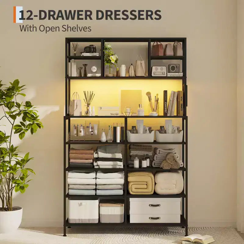Commode de chambre, commode en tissu à 12 tiroirs, étagères ouvertes, plateau en bois et cadre en métal pour chambre, couloir ou salon